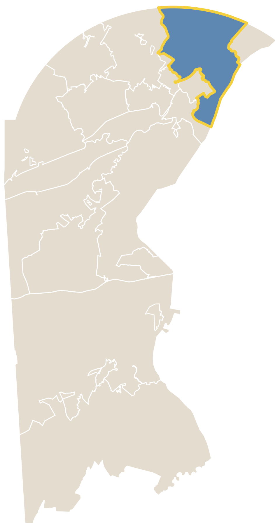 Map of New Castle County with Brandywine Hundred outlined in gold