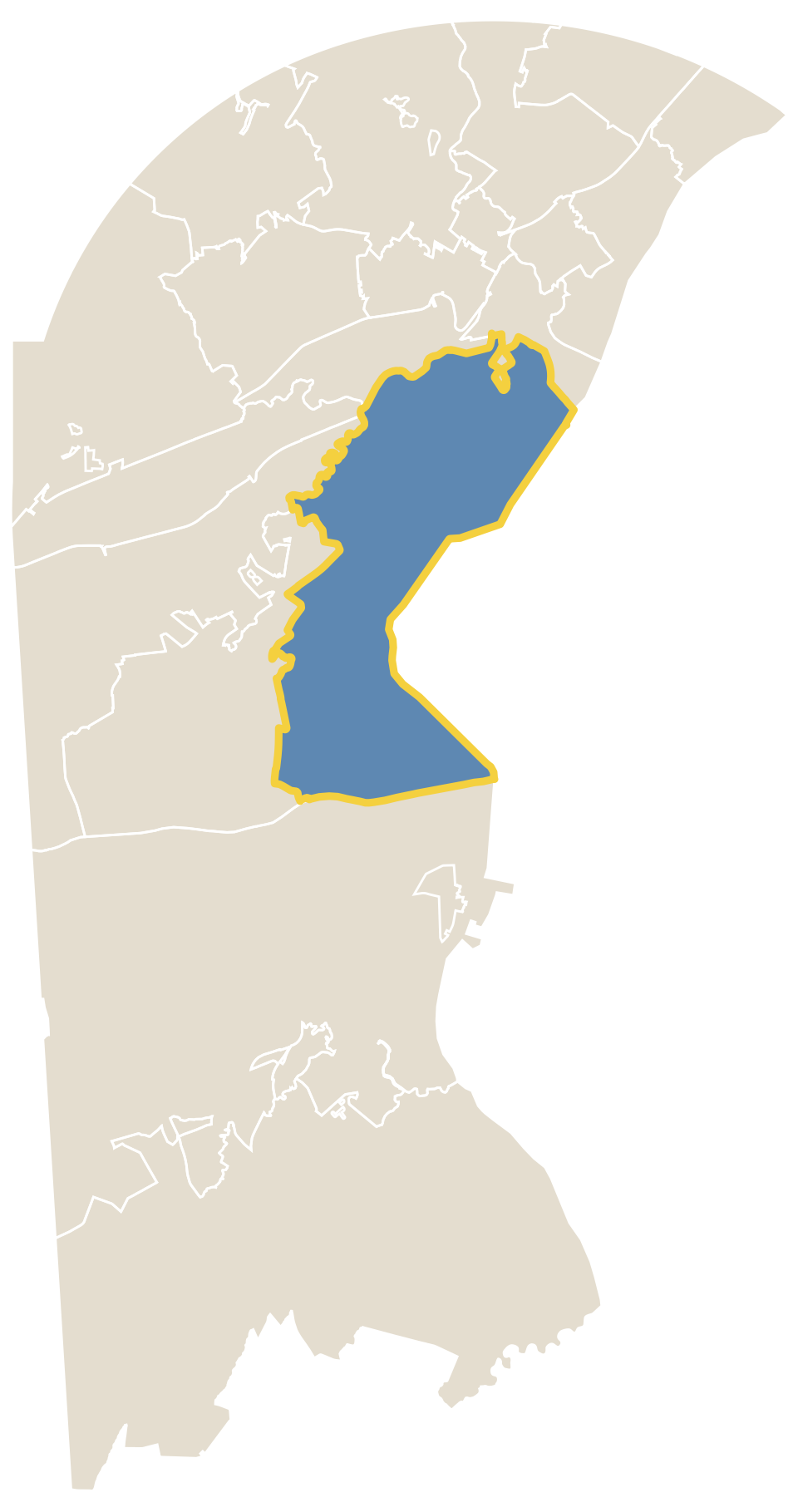 Map of New Castle County with New Castle & Delaware City outlined in gold