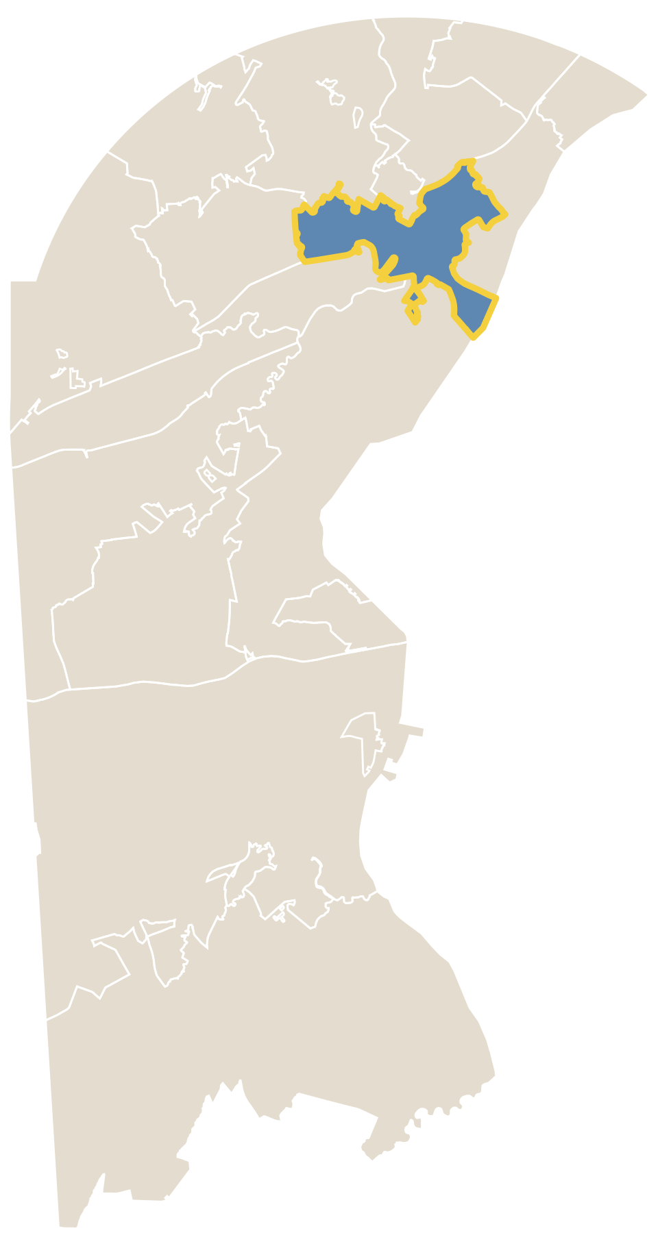Map of New Castle County with Wilmington outlined in gold