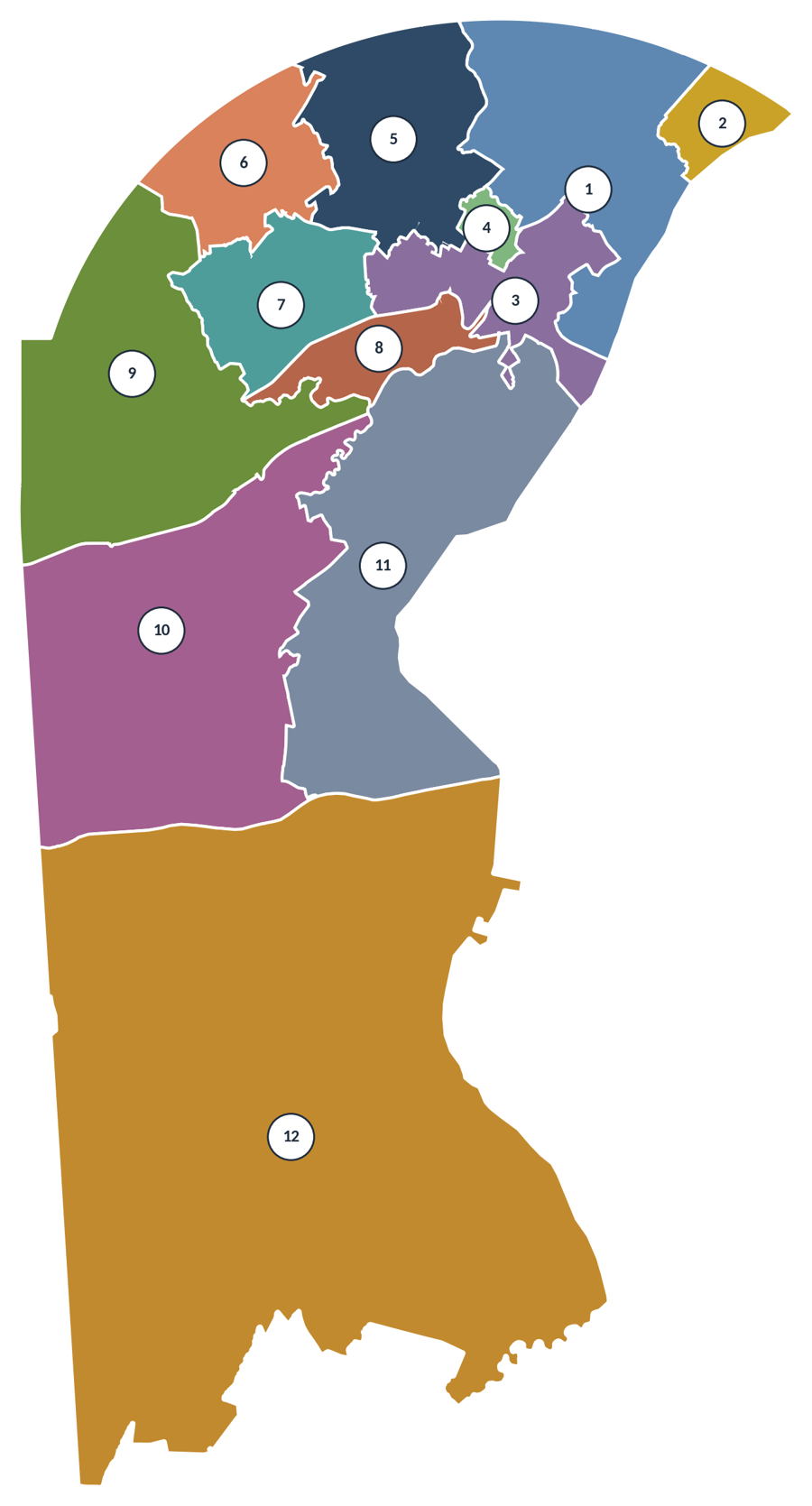 Map of New Castle County divided into 12 numbered areas